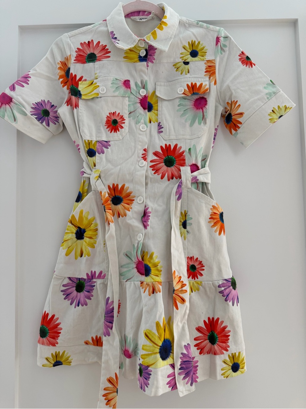 Desigual White Dress with Multicolor Daisy Print